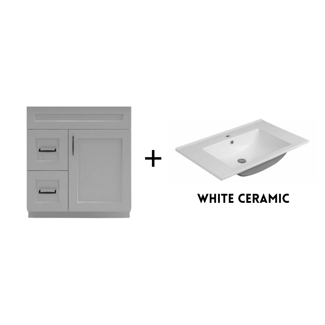 RTA Light Grey Shaker 30" Freestanding Bathroom Vanity Combo Base with Optional Quartz or Ceramic Countertop