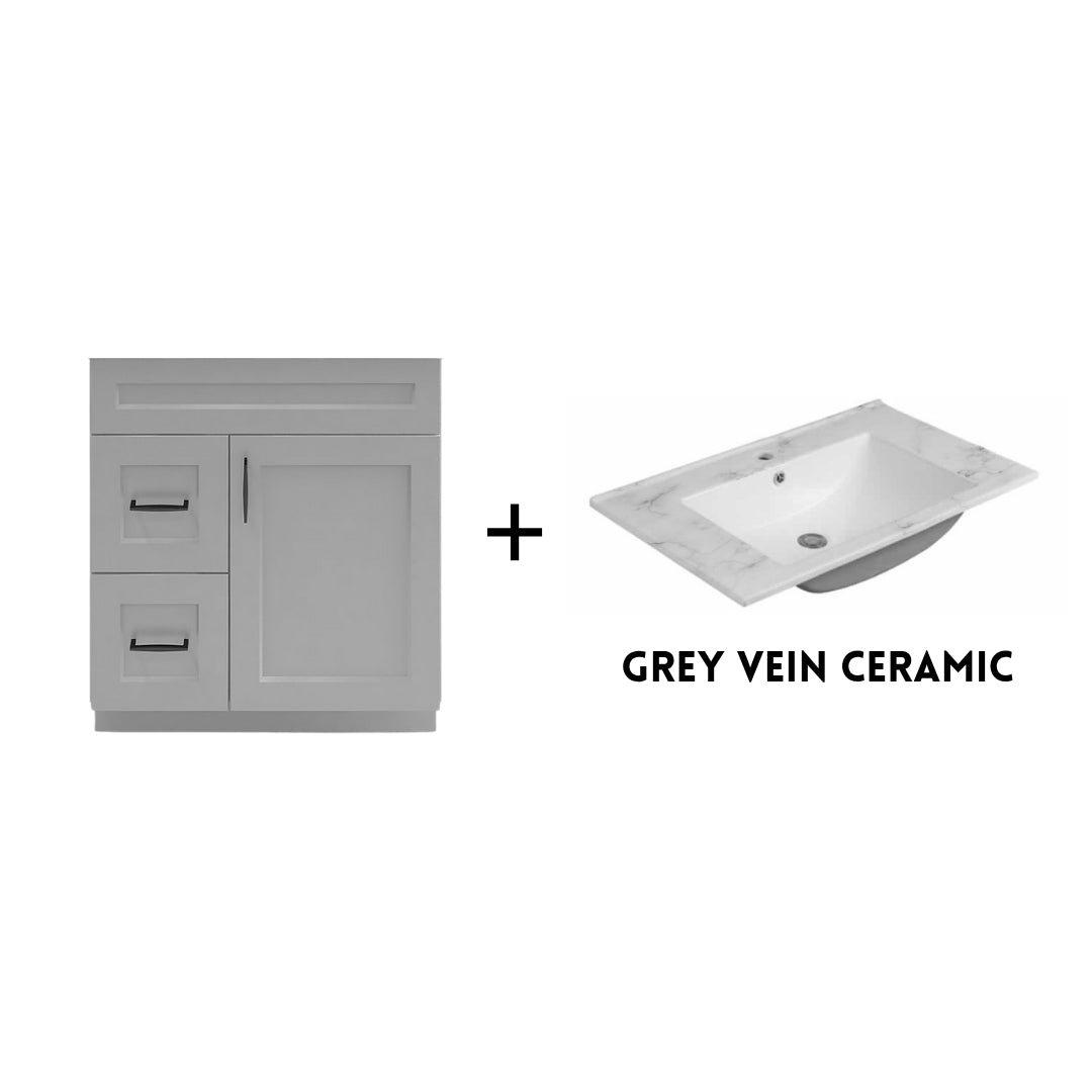 RTA Light Grey Shaker 30" Freestanding Bathroom Vanity Combo Base with Optional Quartz or Ceramic Countertop
