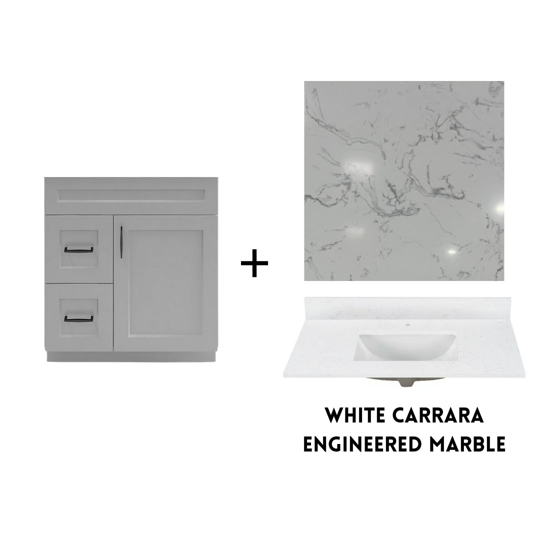 RTA Light Grey Shaker 30" Freestanding Bathroom Vanity Combo Base with Optional Quartz or Ceramic Countertop