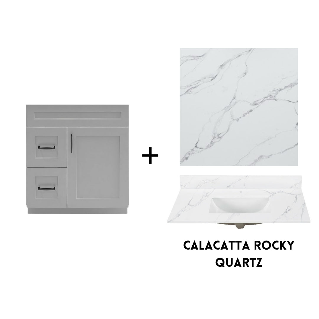 RTA Light Grey Shaker 30" Freestanding Bathroom Vanity Combo Base with Optional Quartz or Ceramic Countertop