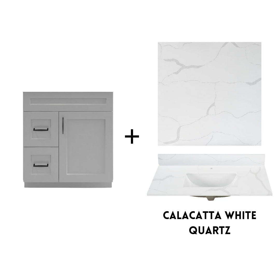 RTA Light Grey Shaker 30" Freestanding Bathroom Vanity Combo Base with Optional Quartz or Ceramic Countertop