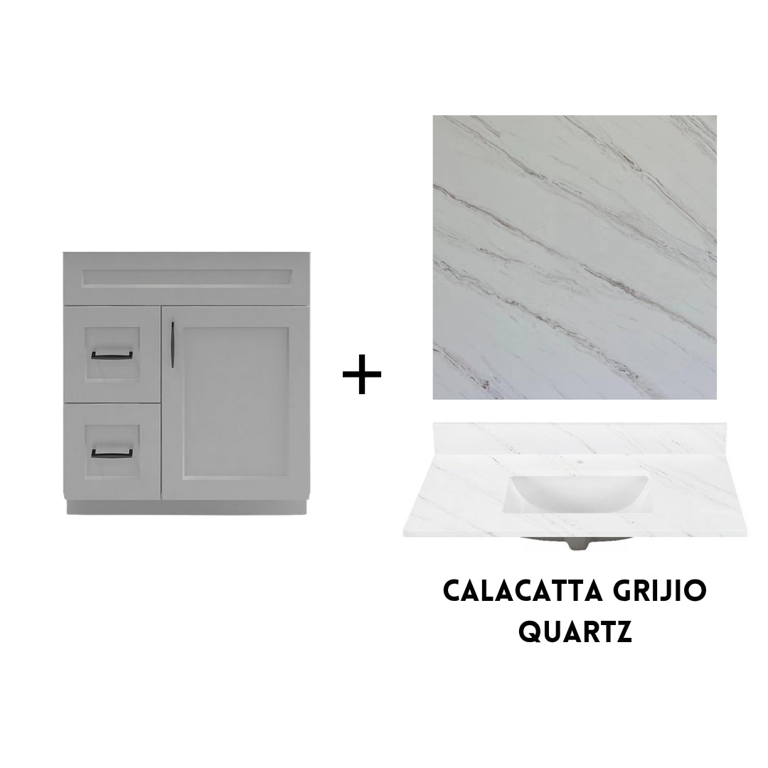 RTA Light Grey Shaker 30" Freestanding Bathroom Vanity Combo Base with Optional Quartz or Ceramic Countertop