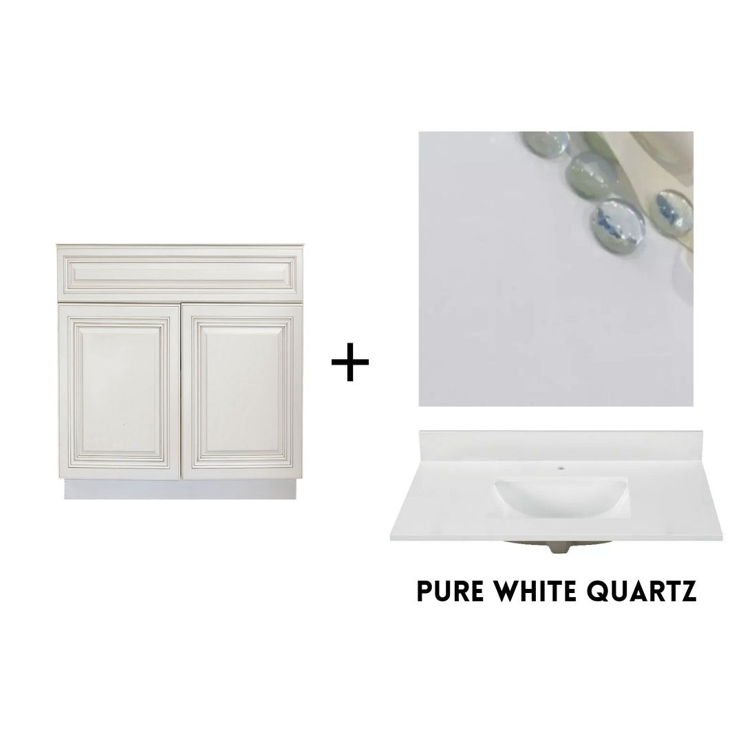 RTA Antique White Raised Panel 30" Freestanding Bathroom Vanity Sink Base with Optional Quartz or Ceramic Countertop
