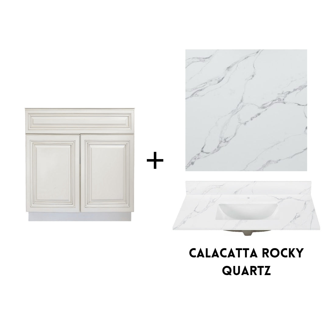 RTA Antique White Raised Panel 30" Freestanding Bathroom Vanity Sink Base with Optional Quartz or Ceramic Countertop
