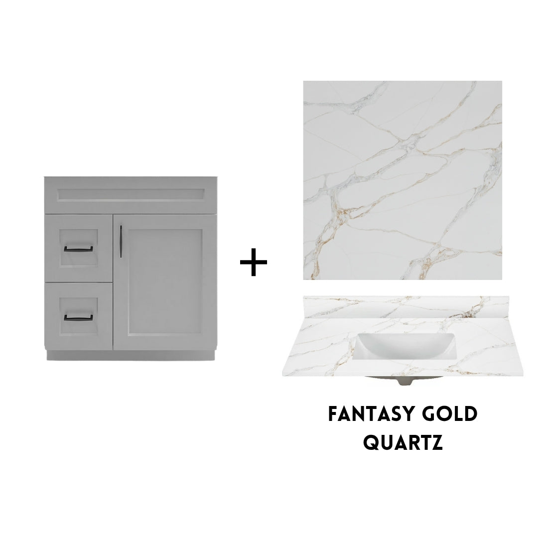 RTA Light Grey Shaker 30" Freestanding Bathroom Vanity Combo Base with Optional Quartz or Ceramic Countertop