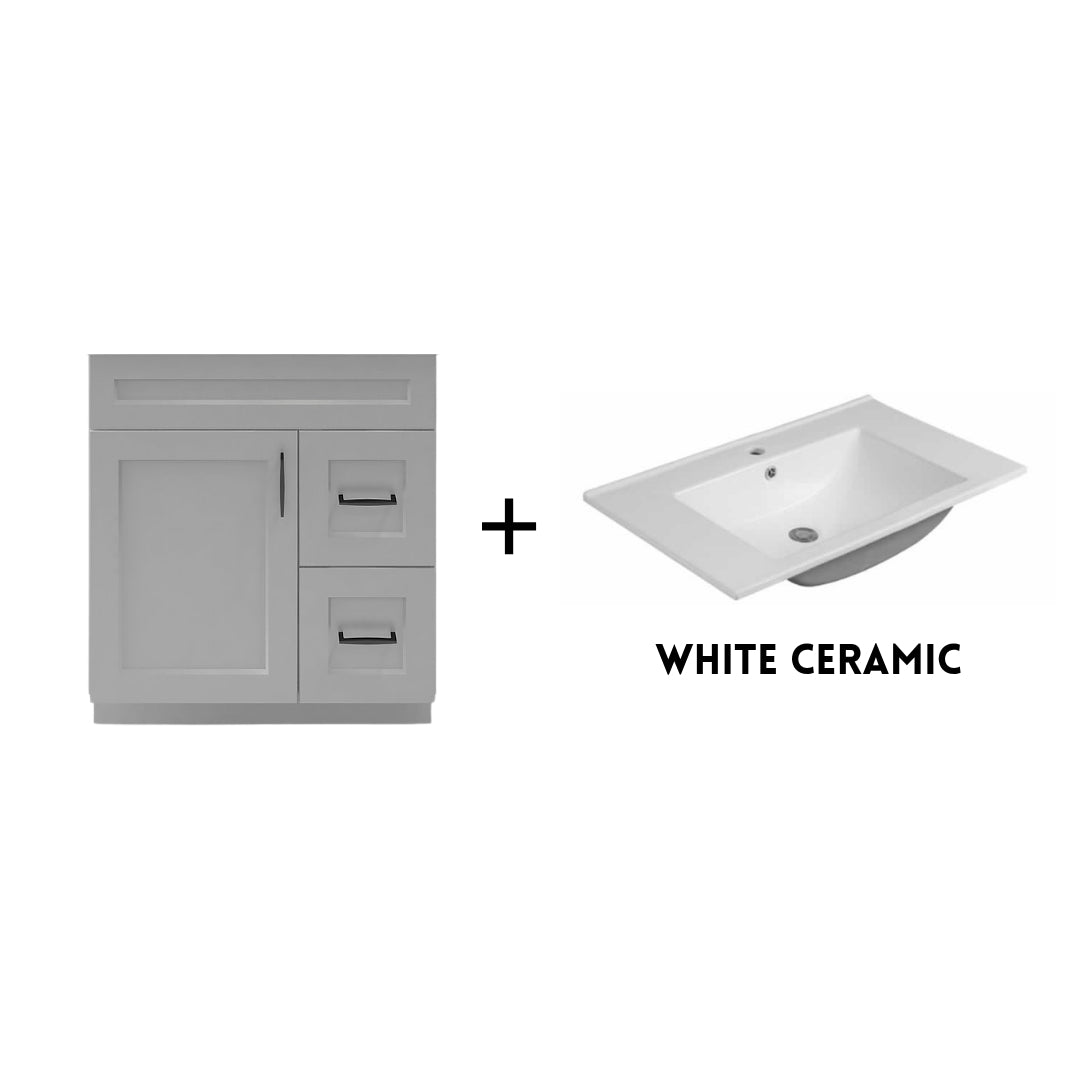 RTA Light Grey Shaker 30" Freestanding Bathroom Vanity Combo Base with Optional Quartz or Ceramic Countertop