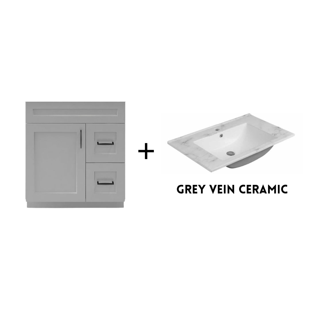 RTA Light Grey Shaker 30" Freestanding Bathroom Vanity Combo Base with Optional Quartz or Ceramic Countertop