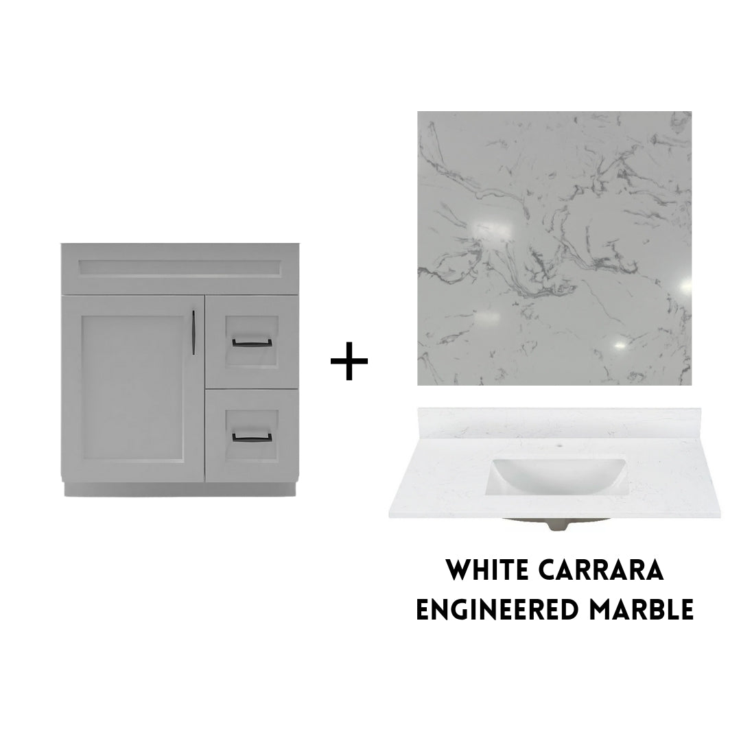 RTA Light Grey Shaker 30" Freestanding Bathroom Vanity Combo Base with Optional Quartz or Ceramic Countertop