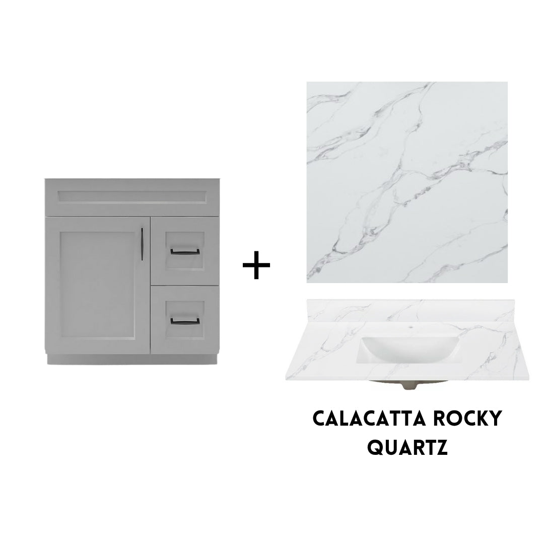 RTA Light Grey Shaker 30" Freestanding Bathroom Vanity Combo Base with Optional Quartz or Ceramic Countertop