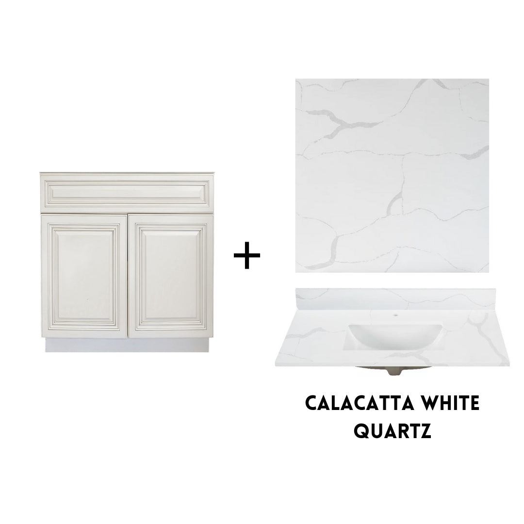 RTA Antique White Raised Panel 30" Freestanding Bathroom Vanity Sink Base with Optional Quartz or Ceramic Countertop