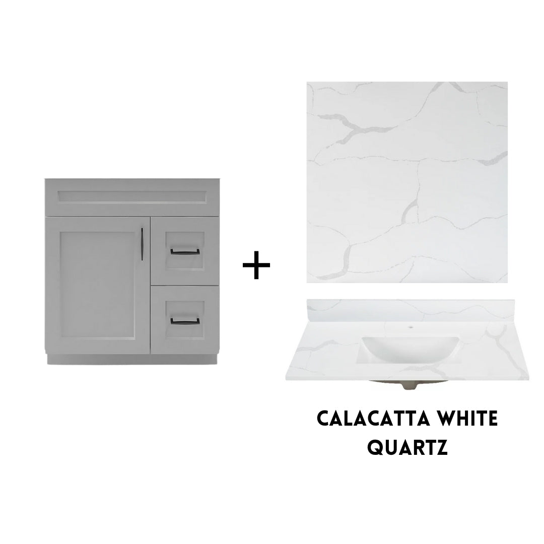 RTA Light Grey Shaker 30" Freestanding Bathroom Vanity Combo Base with Optional Quartz or Ceramic Countertop