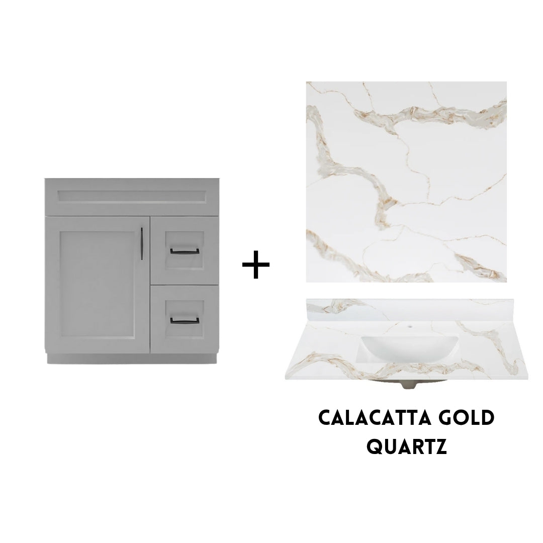 RTA Light Grey Shaker 30" Freestanding Bathroom Vanity Combo Base with Optional Quartz or Ceramic Countertop