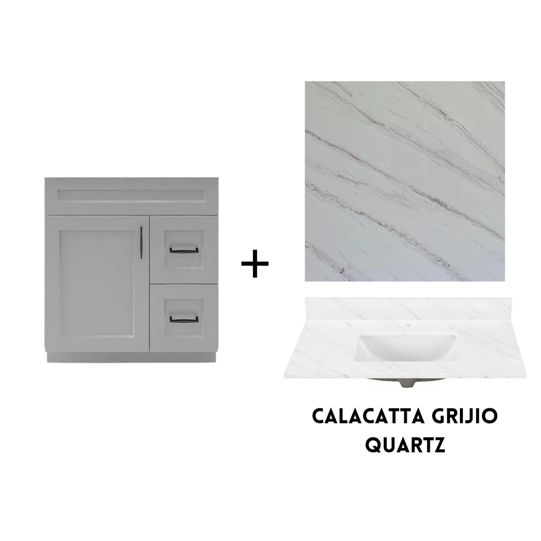 RTA Light Grey Shaker 30" Freestanding Bathroom Vanity Combo Base with Optional Quartz or Ceramic Countertop