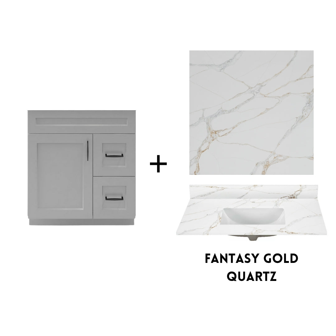RTA Light Grey Shaker 30" Freestanding Bathroom Vanity Combo Base with Optional Quartz or Ceramic Countertop