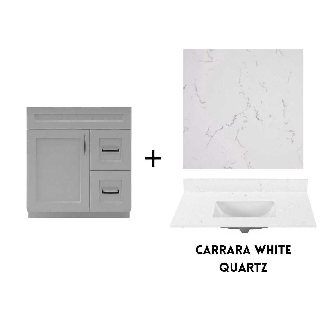 RTA Light Grey Shaker 30" Freestanding Bathroom Vanity Combo Base with Optional Quartz or Ceramic Countertop