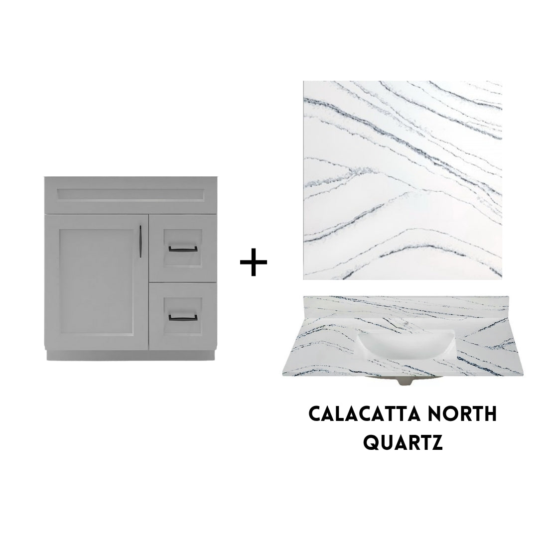 RTA Light Grey Shaker 30" Freestanding Bathroom Vanity Combo Base with Optional Quartz or Ceramic Countertop