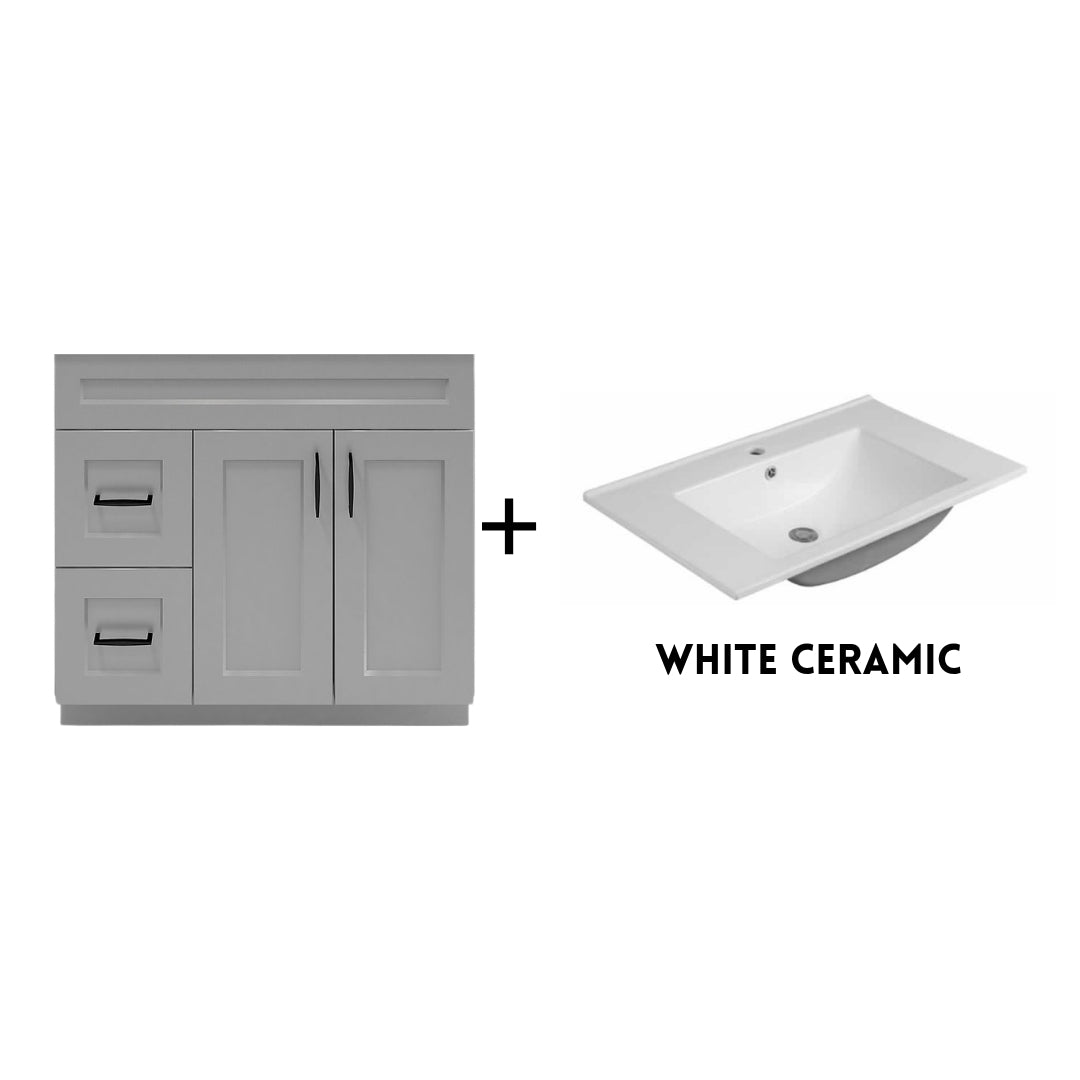 RTA Light Grey Shaker 36" Freestanding Bathroom Vanity Combo Base with Optional Quartz or Ceramic Countertop