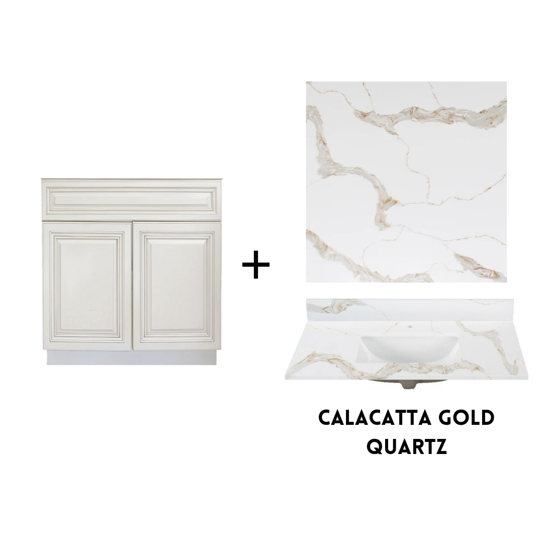 RTA Antique White Raised Panel 30" Freestanding Bathroom Vanity Sink Base with Optional Quartz or Ceramic Countertop