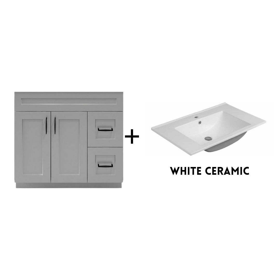 RTA Light Grey Shaker 36" Freestanding Bathroom Vanity Combo Base with Optional Quartz or Ceramic Countertop