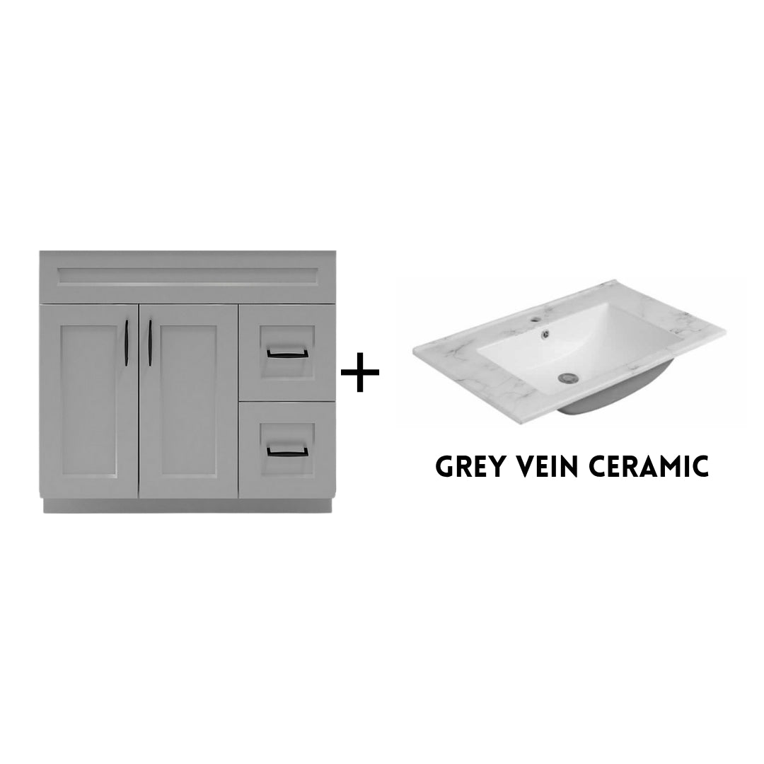 RTA Light Grey Shaker 36" Freestanding Bathroom Vanity Combo Base with Optional Quartz or Ceramic Countertop