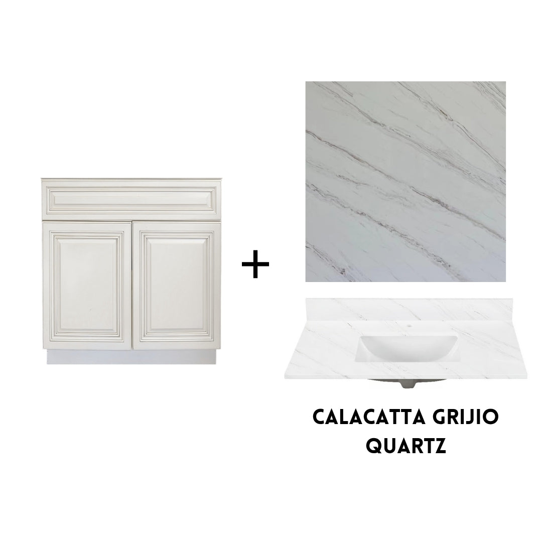 RTA Antique White Raised Panel 30" Freestanding Bathroom Vanity Sink Base with Optional Quartz or Ceramic Countertop