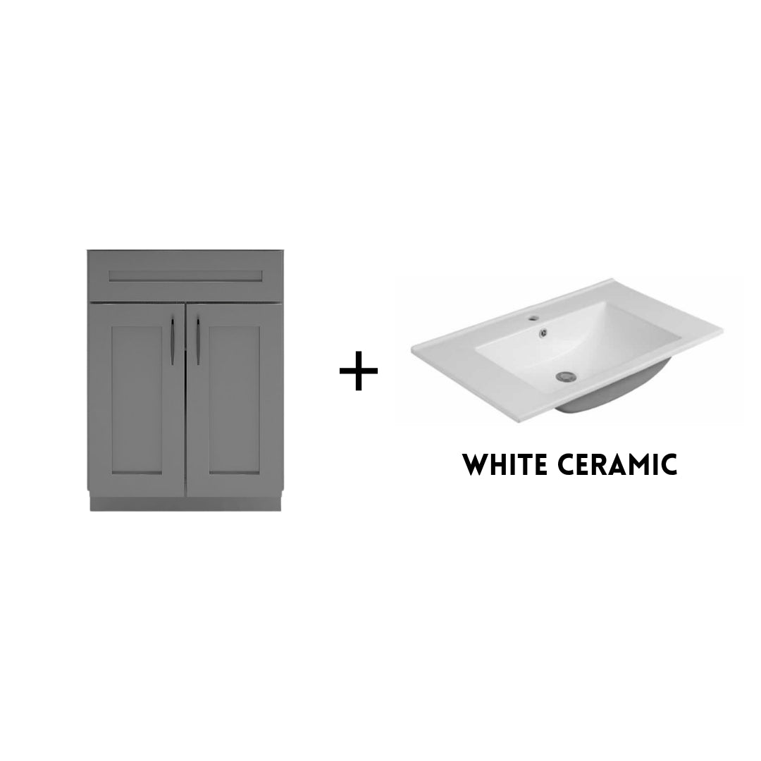 RTA Dark Grey Shaker 24" Freestanding Bathroom Vanity Sink Base with Optional Quartz or Ceramic Countertop