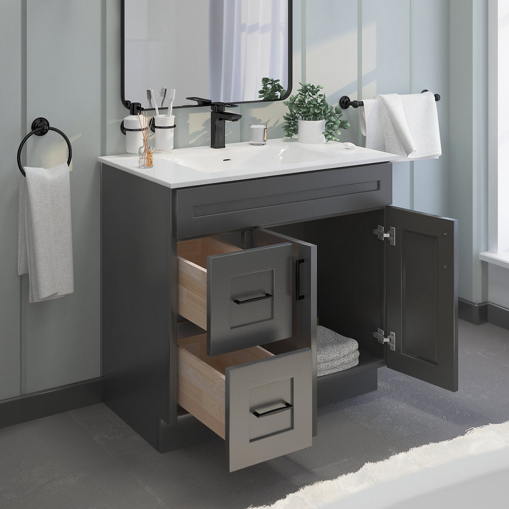RTA Dark Grey Shaker 36" Freestanding Bathroom Vanity Combo Base with Optional Quartz or Ceramic Countertop