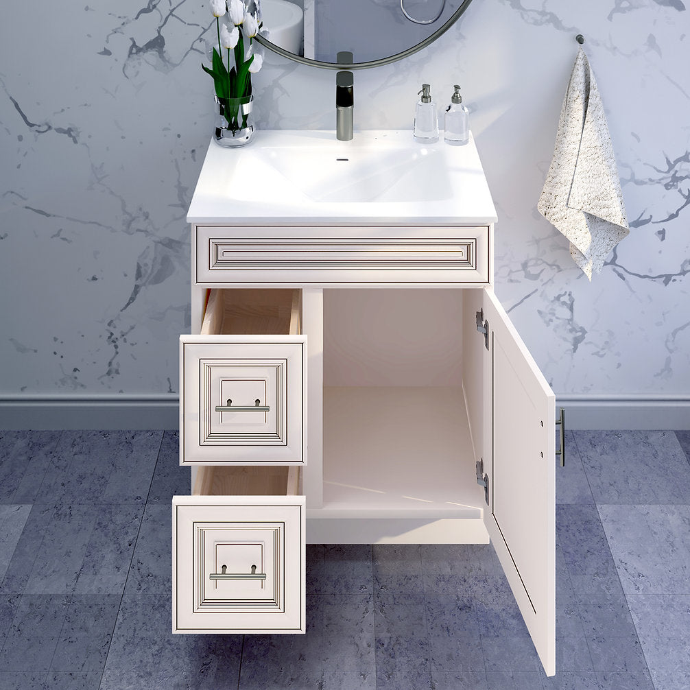 RTA Antique White Raised Panel 30" Freestanding Bathroom Vanity Combo Base with Optional Quartz or Ceramic Countertop