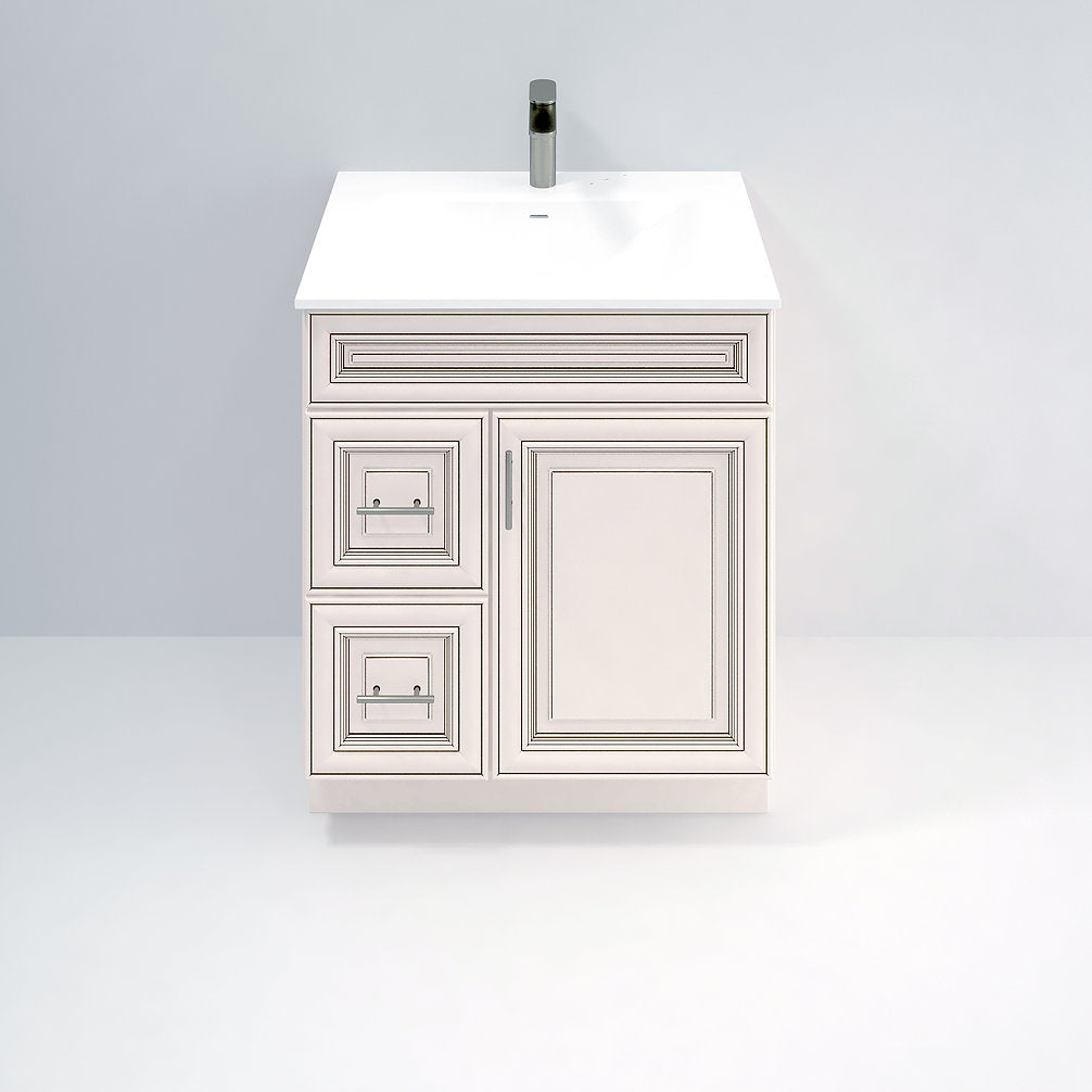 RTA Antique White Raised Panel 30" Freestanding Bathroom Vanity Combo Base with Optional Quartz or Ceramic Countertop