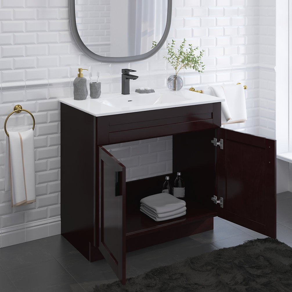 RTA Espresso Shaker 36" Freestanding Bathroom Vanity Sink Base with Optional Quartz or Ceramic Countertop
