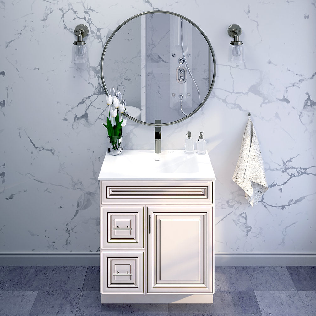 RTA Antique White Raised Panel 30" Freestanding Bathroom Vanity Combo Base with Optional Quartz or Ceramic Countertop