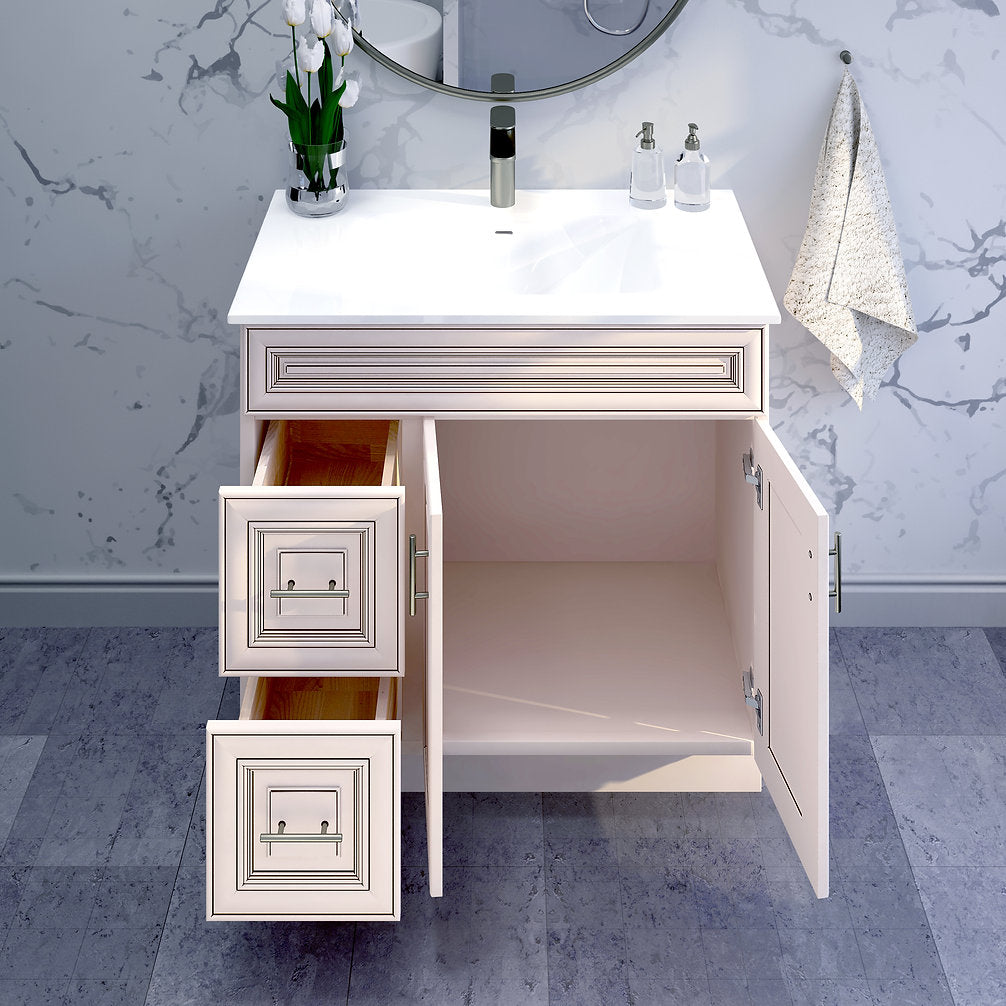 RTA Antique White Raised Panel Shaker 36" Freestanding Bathroom Vanity Combo Base with Optional Quartz or Ceramic Countertop