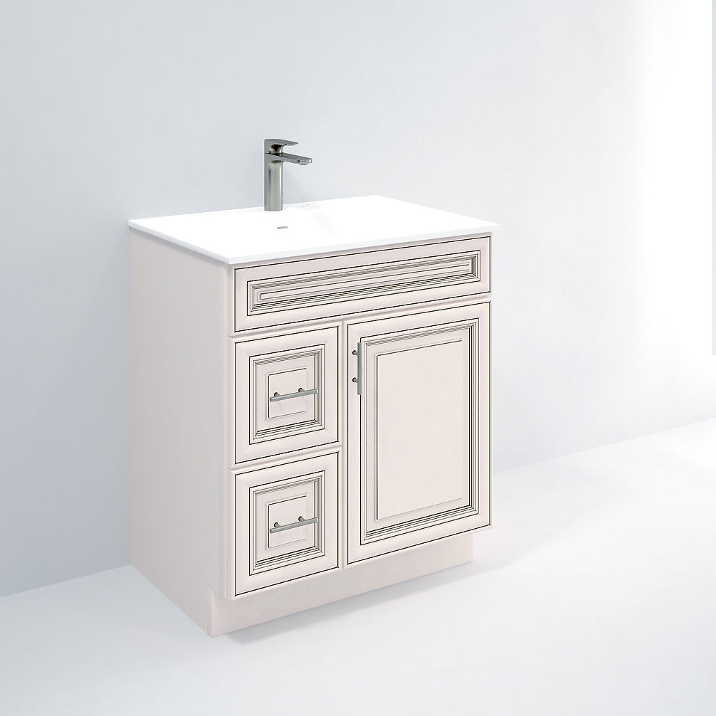 RTA Antique White Raised Panel 30" Freestanding Bathroom Vanity Combo Base with Optional Quartz or Ceramic Countertop