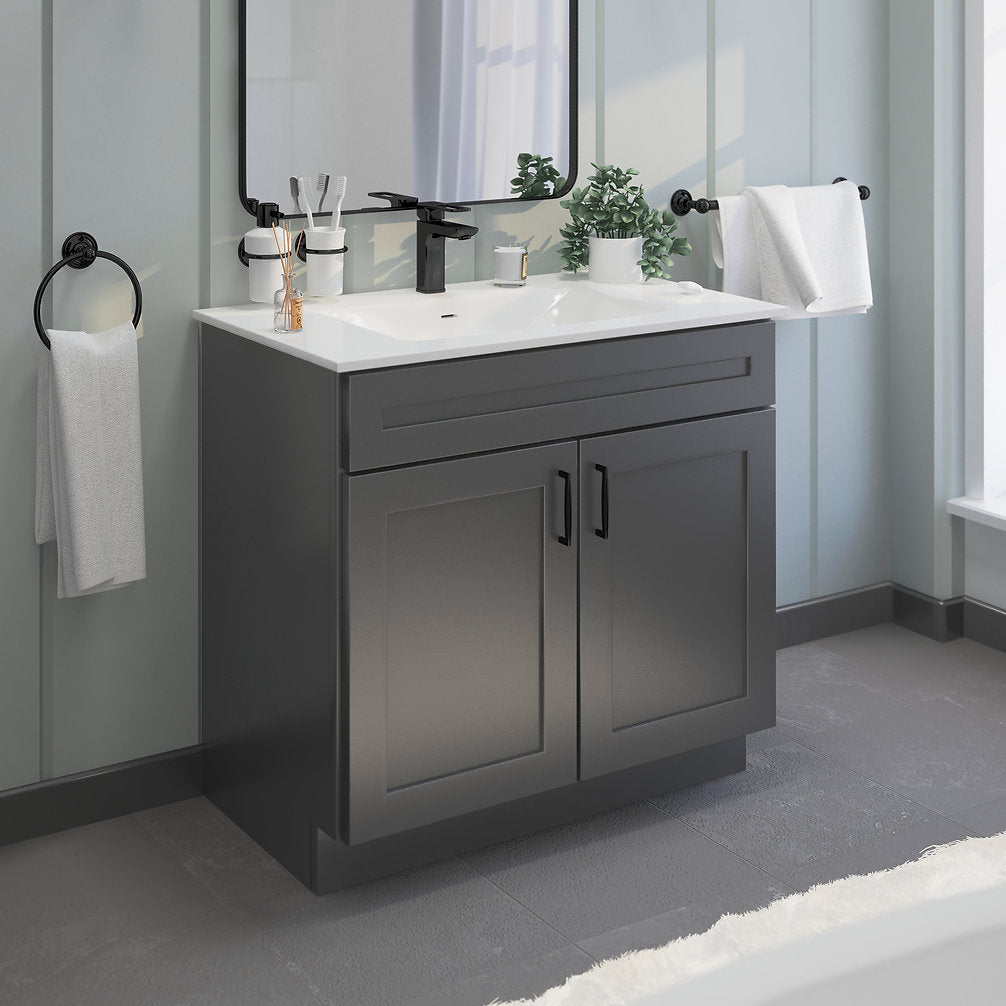 RTA Dark Grey Shaker 36" Freestanding Bathroom Vanity Sink Base with Optional Quartz or Ceramic Countertop
