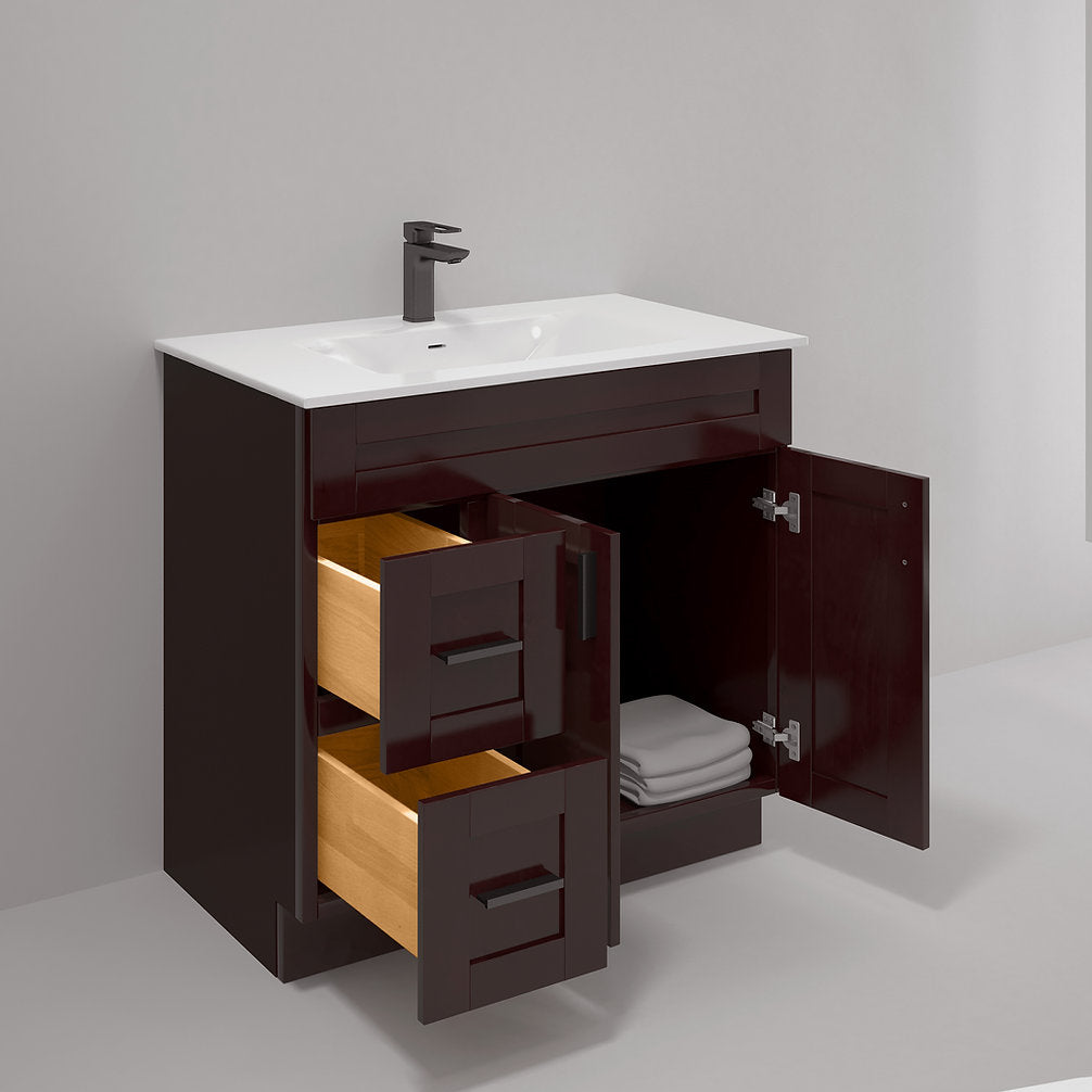 RTA Espresso Shaker 36" Freestanding Bathroom Vanity Combo Base with Optional Quartz or Ceramic Countertop