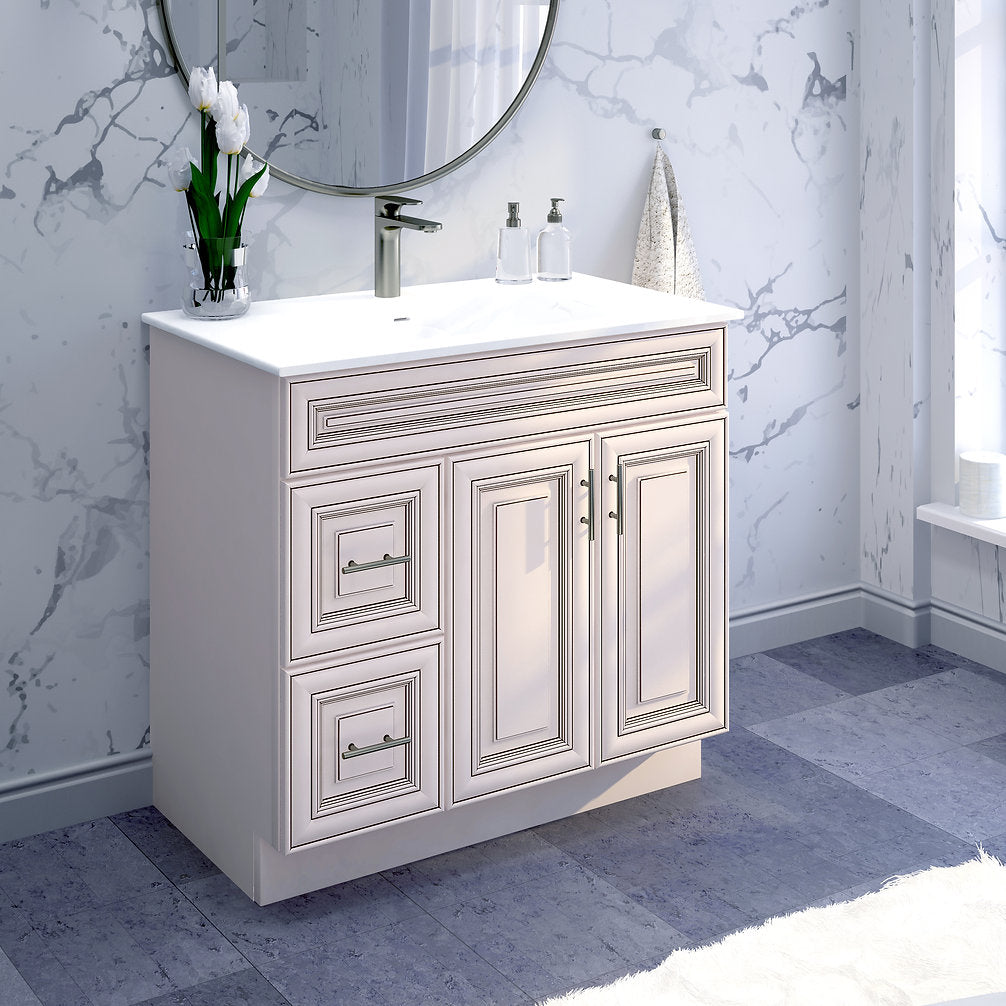 RTA Antique White Raised Panel Shaker 36" Freestanding Bathroom Vanity Combo Base with Optional Quartz or Ceramic Countertop