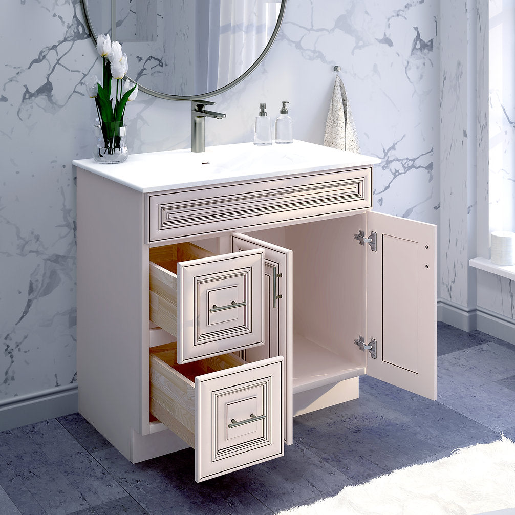 RTA Antique White Raised Panel Shaker 36" Freestanding Bathroom Vanity Combo Base with Optional Quartz or Ceramic Countertop