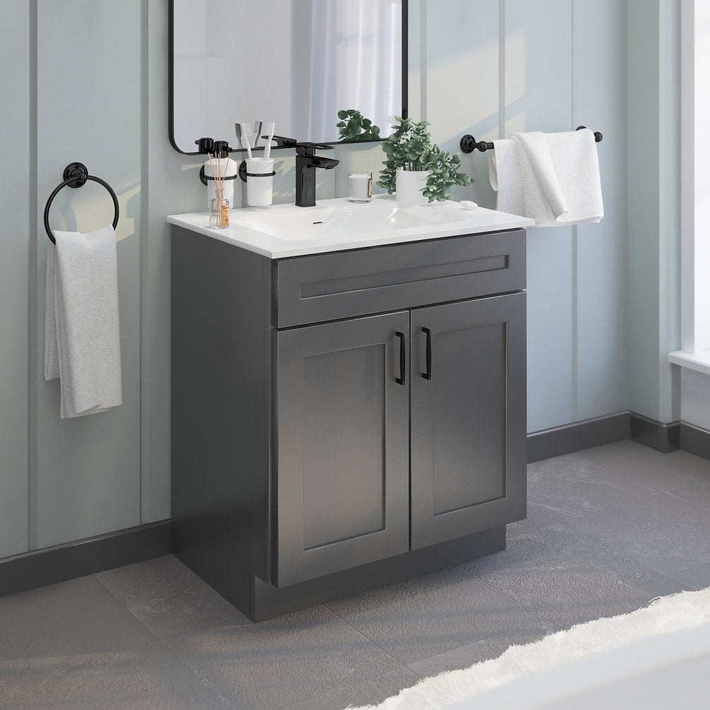 RTA Dark Grey Shaker 30" Freestanding Bathroom Vanity Sink Base with Optional Quartz or Ceramic Countertop
