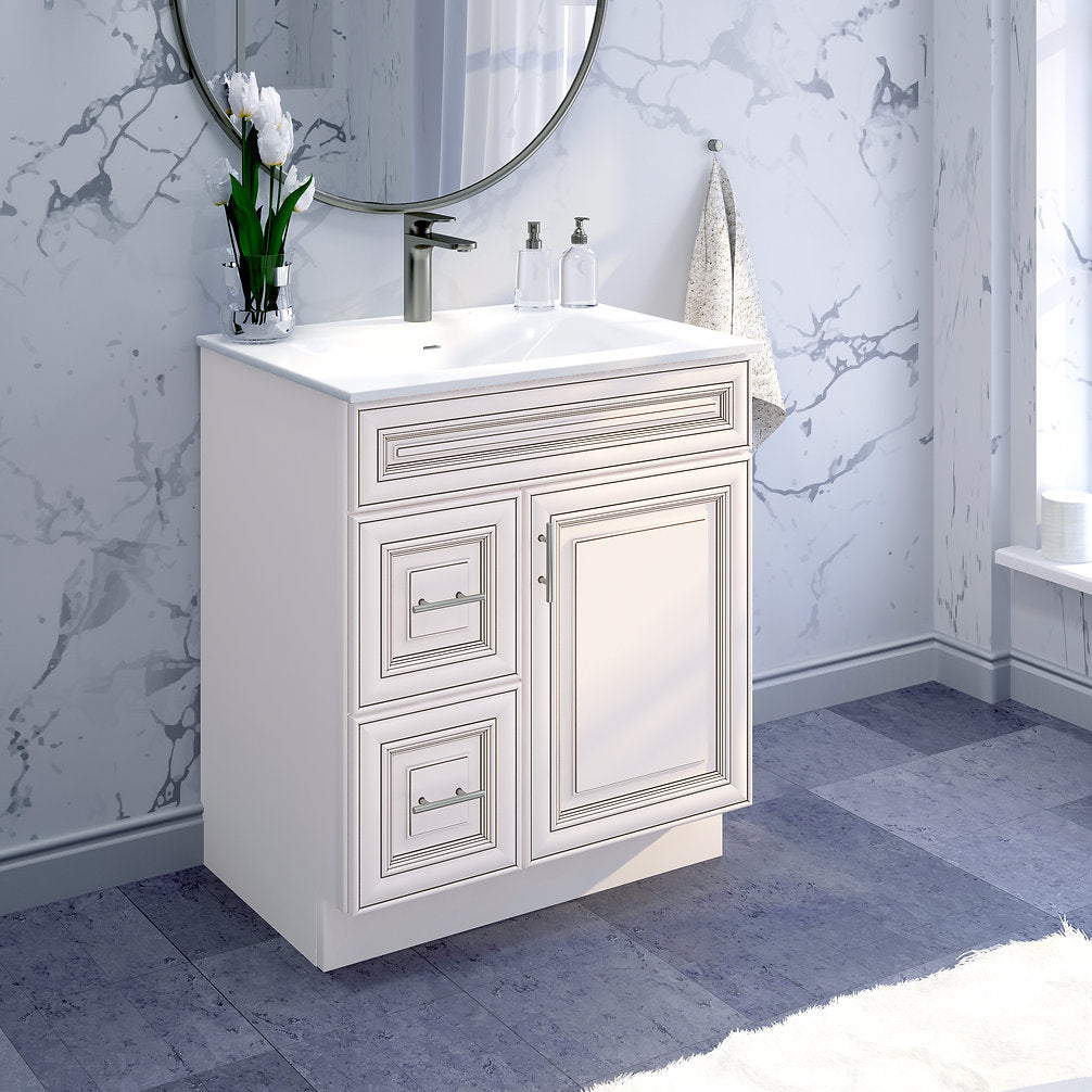 RTA Antique White Raised Panel 30" Freestanding Bathroom Vanity Combo Base with Optional Quartz or Ceramic Countertop