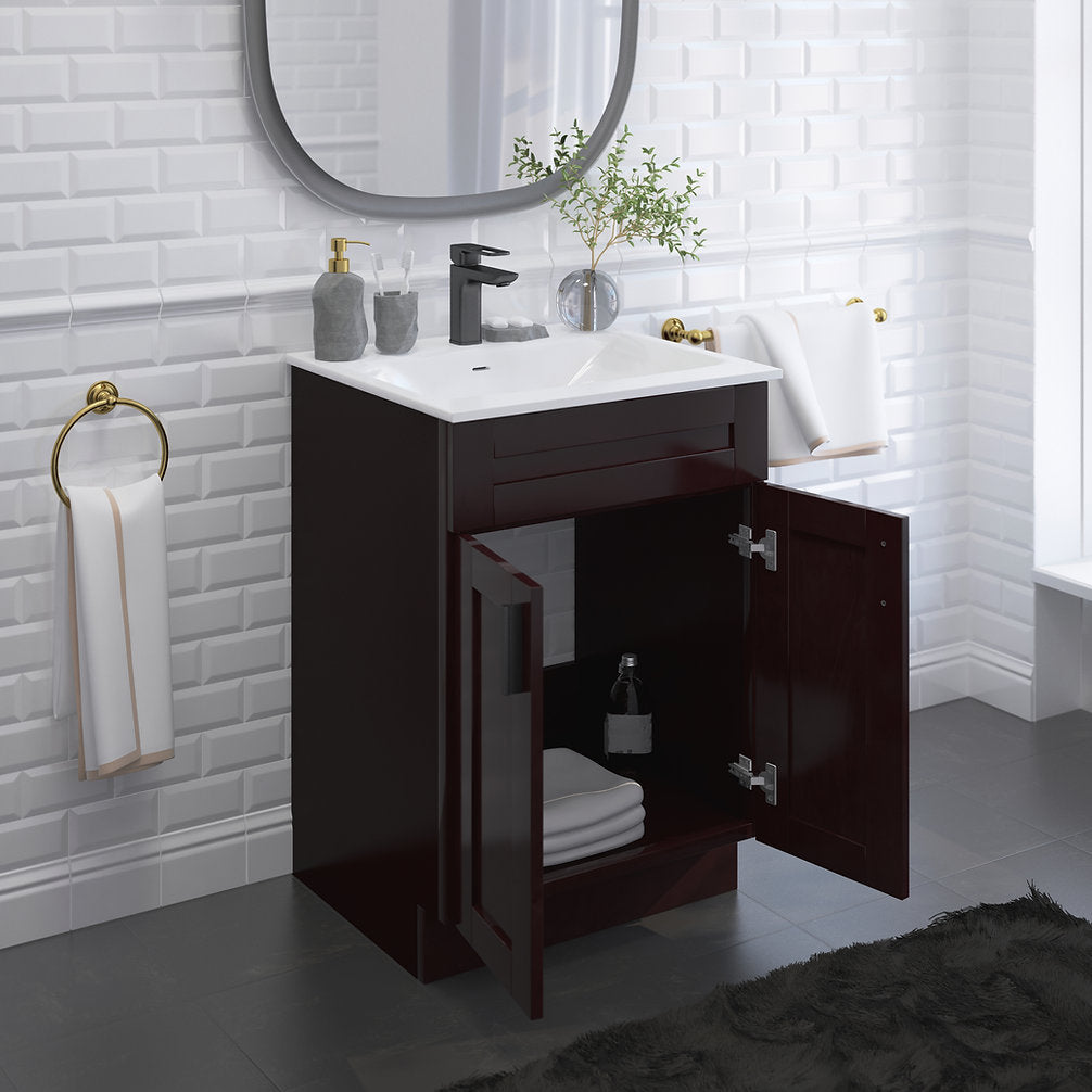 RTA Espresso Shaker 24" Freestanding Bathroom Vanity Sink Base with Optional Quartz or Ceramic Countertop