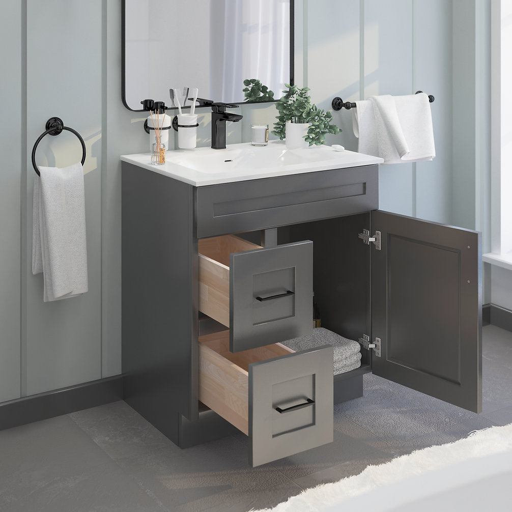 RTA Dark Grey Shaker 30" Freestanding Bathroom Vanity Combo Base with Optional Quartz or Ceramic Countertop