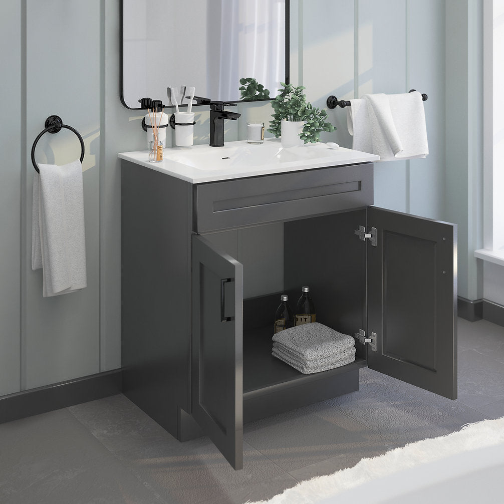 RTA Dark Grey Shaker 30" Freestanding Bathroom Vanity Sink Base with Optional Quartz or Ceramic Countertop