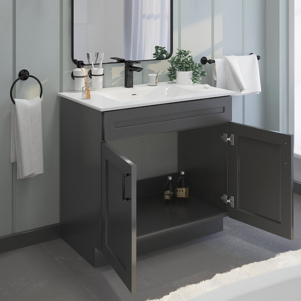 RTA Dark Grey Shaker 36" Freestanding Bathroom Vanity Sink Base with Optional Quartz or Ceramic Countertop