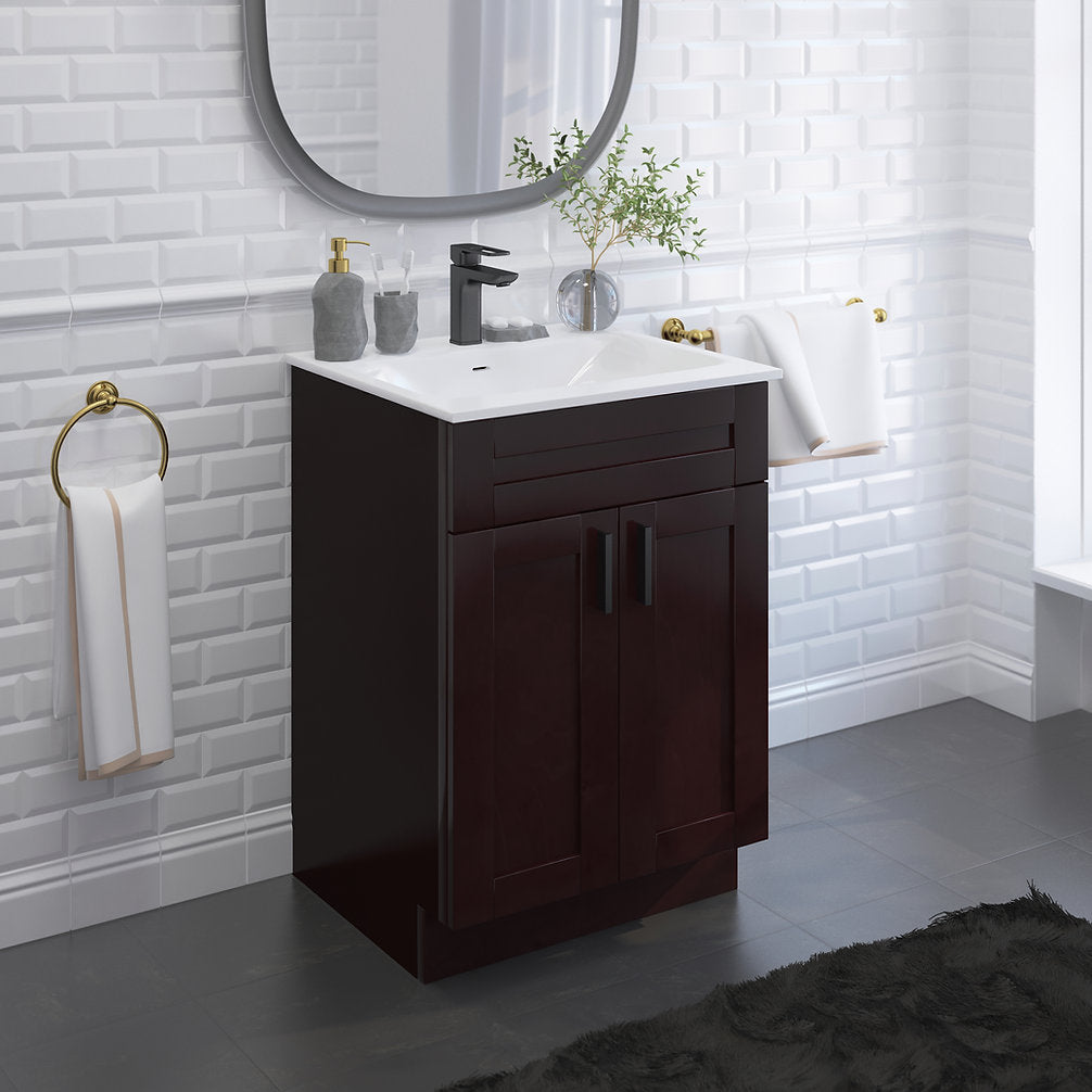 RTA Espresso Shaker 24" Freestanding Bathroom Vanity Sink Base with Optional Quartz or Ceramic Countertop