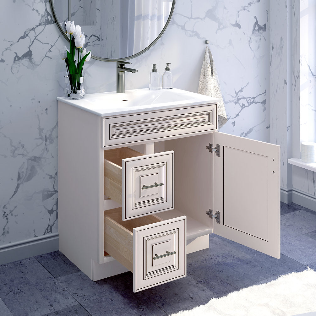 RTA Antique White Raised Panel 30" Freestanding Bathroom Vanity Combo Base with Optional Quartz or Ceramic Countertop