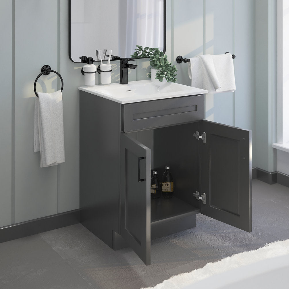 RTA Dark Grey Shaker 24" Freestanding Bathroom Vanity Sink Base with Optional Quartz or Ceramic Countertop