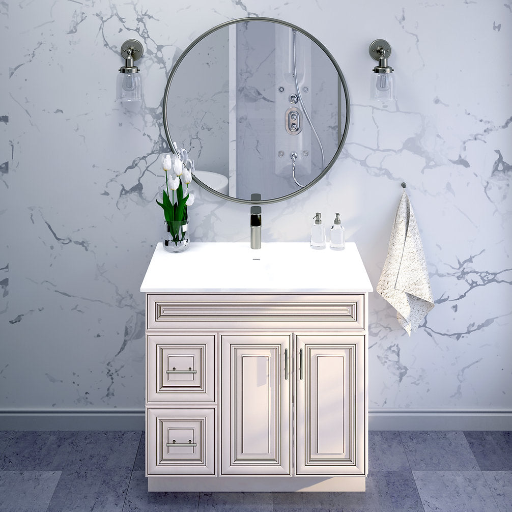 RTA Antique White Raised Panel Shaker 36" Freestanding Bathroom Vanity Combo Base with Optional Quartz or Ceramic Countertop