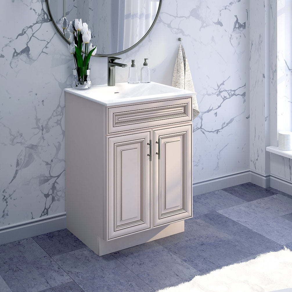 RTA Antique White Raised Panel 24" Freestanding Bathroom Vanity Sink Base with Optional Quartz or Ceramic Countertop