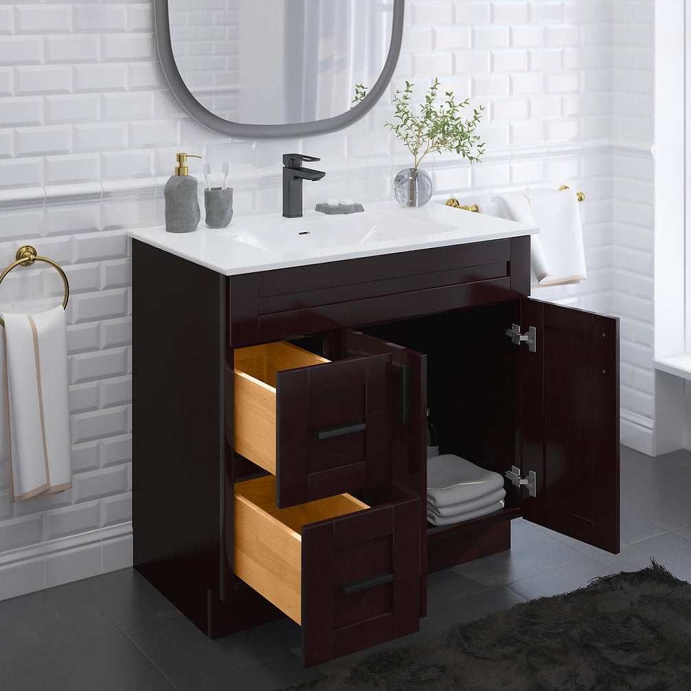 RTA Espresso Shaker 36" Freestanding Bathroom Vanity Combo Base with Optional Quartz or Ceramic Countertop