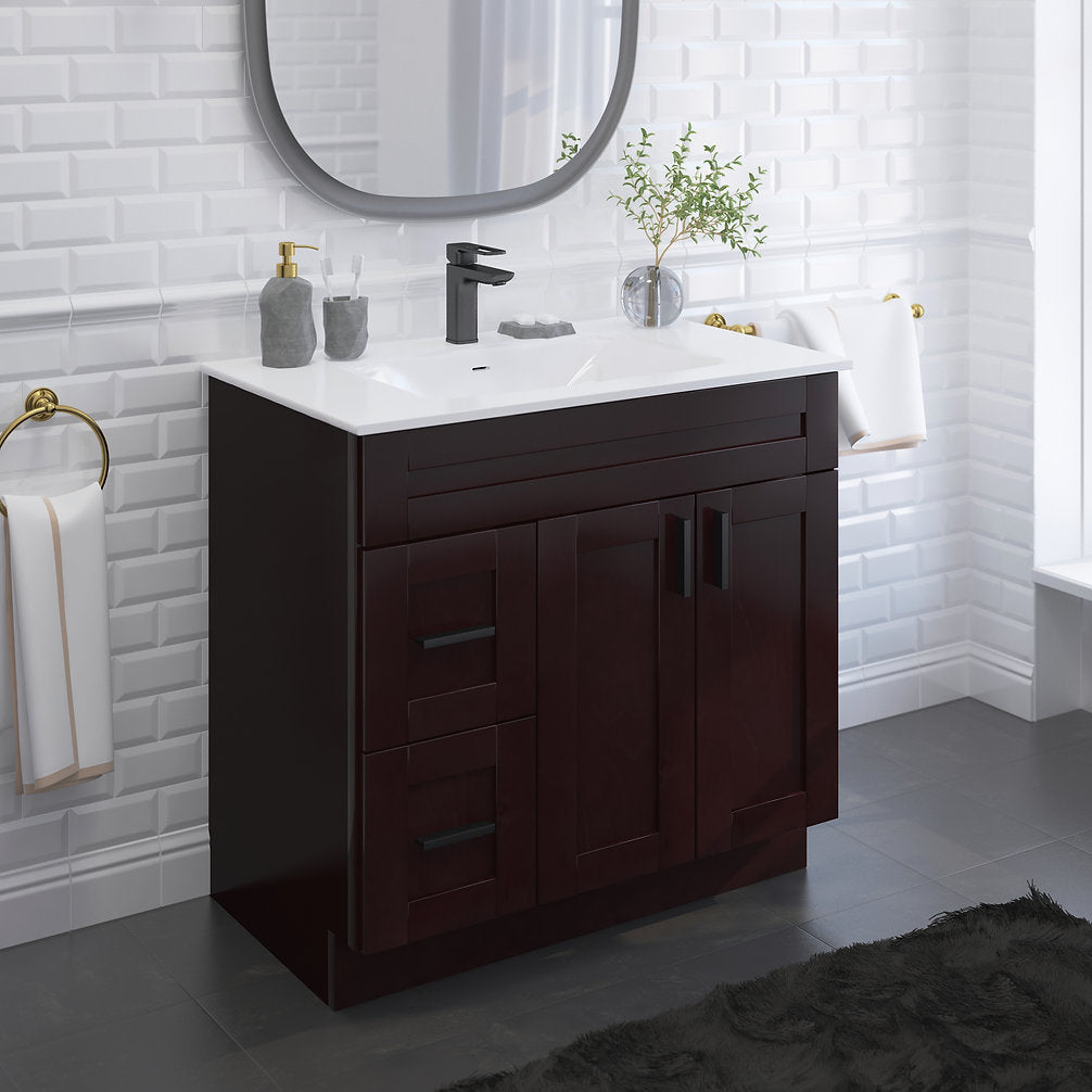 RTA Espresso Shaker 36" Freestanding Bathroom Vanity Combo Base with Optional Quartz or Ceramic Countertop